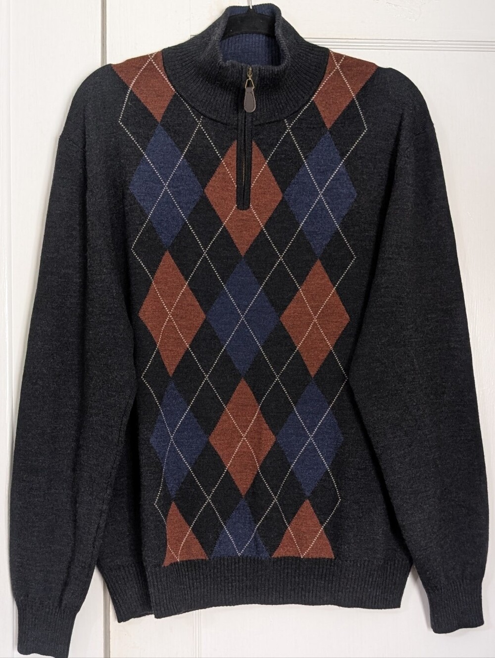 Eildon Hills 100% Extra Fine Merino Wool 1/4 Zip Mens Sweater Argyle Gray Large